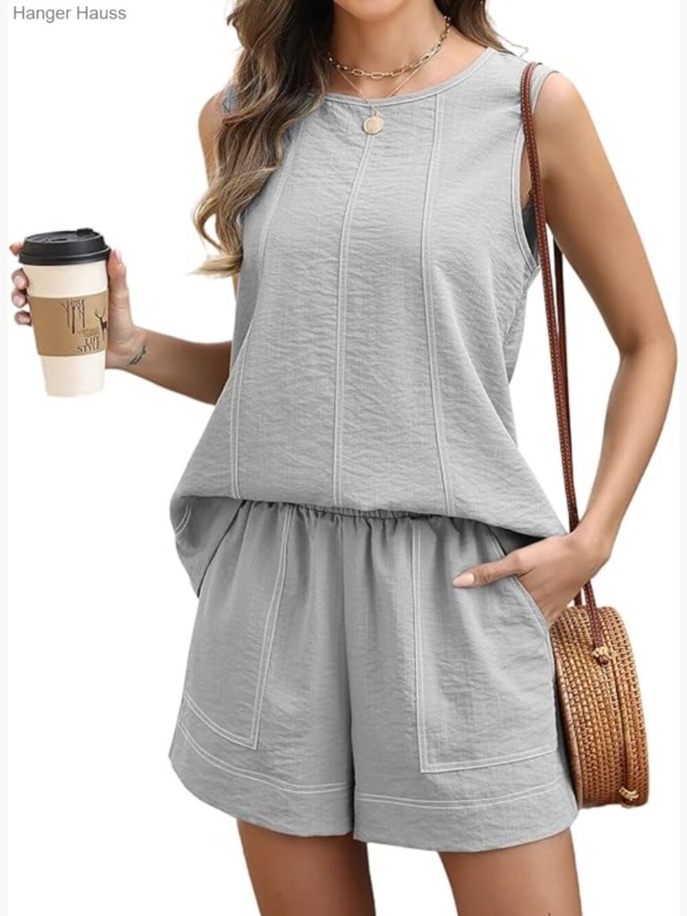 Linen Cotton 2 Piece Sleeveless Top and Shorts Set Elastic Waist Summer Outfit